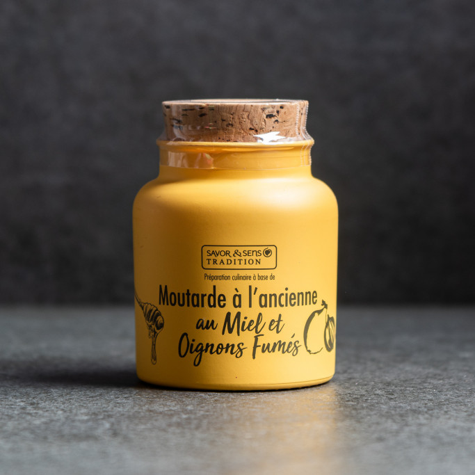 Moutarde à l'ancienne Miel et Oignons fumés - pot en grès